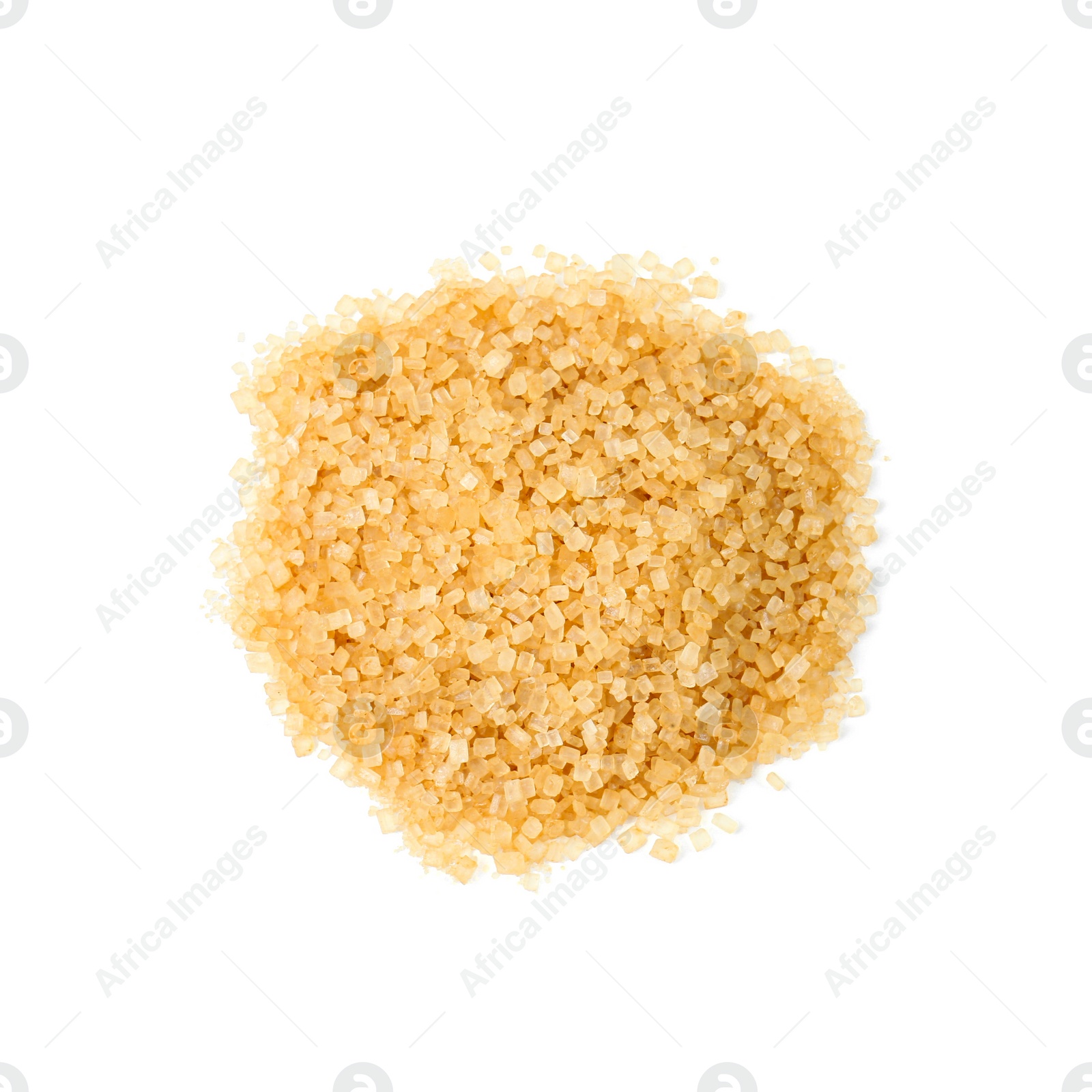 Photo of Pile of brown sugar isolated on white, top view