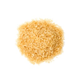 Photo of Pile of brown sugar isolated on white, top view