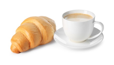 Delicious fresh croissant and cup of coffee isolated on white