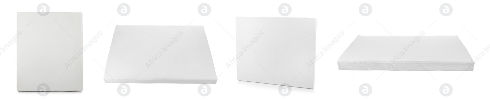 Image of Set with new comfortable mattresses on white background. Banner design