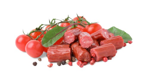 Photo of Delicious smoked sausages, tomatoes, pepper and spinach isolated on white