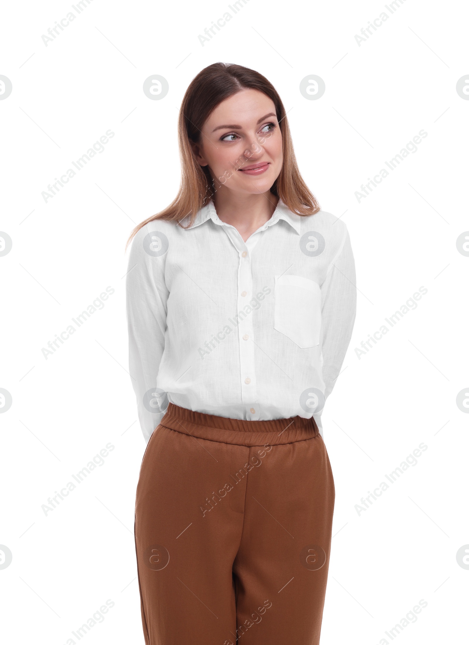 Photo of Portrait of beautiful businesswoman on white background