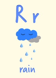 Illustration of Learning English alphabet. Card with letter R and rain, illustration