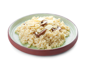 Delicious risotto with cheese and mushrooms isolated on white