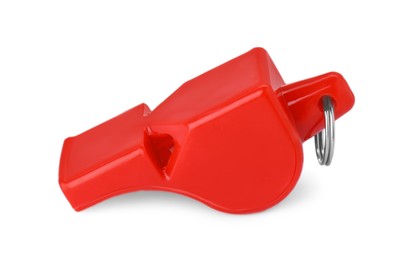 One red plastic whistle isolated on white