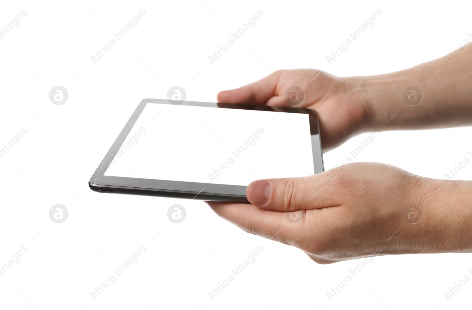 Photo of Man holding tablet computer with blank screen on white background, closeup. Modern gadget