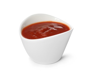 Photo of Bowl of tasty tomato sauce isolated on white