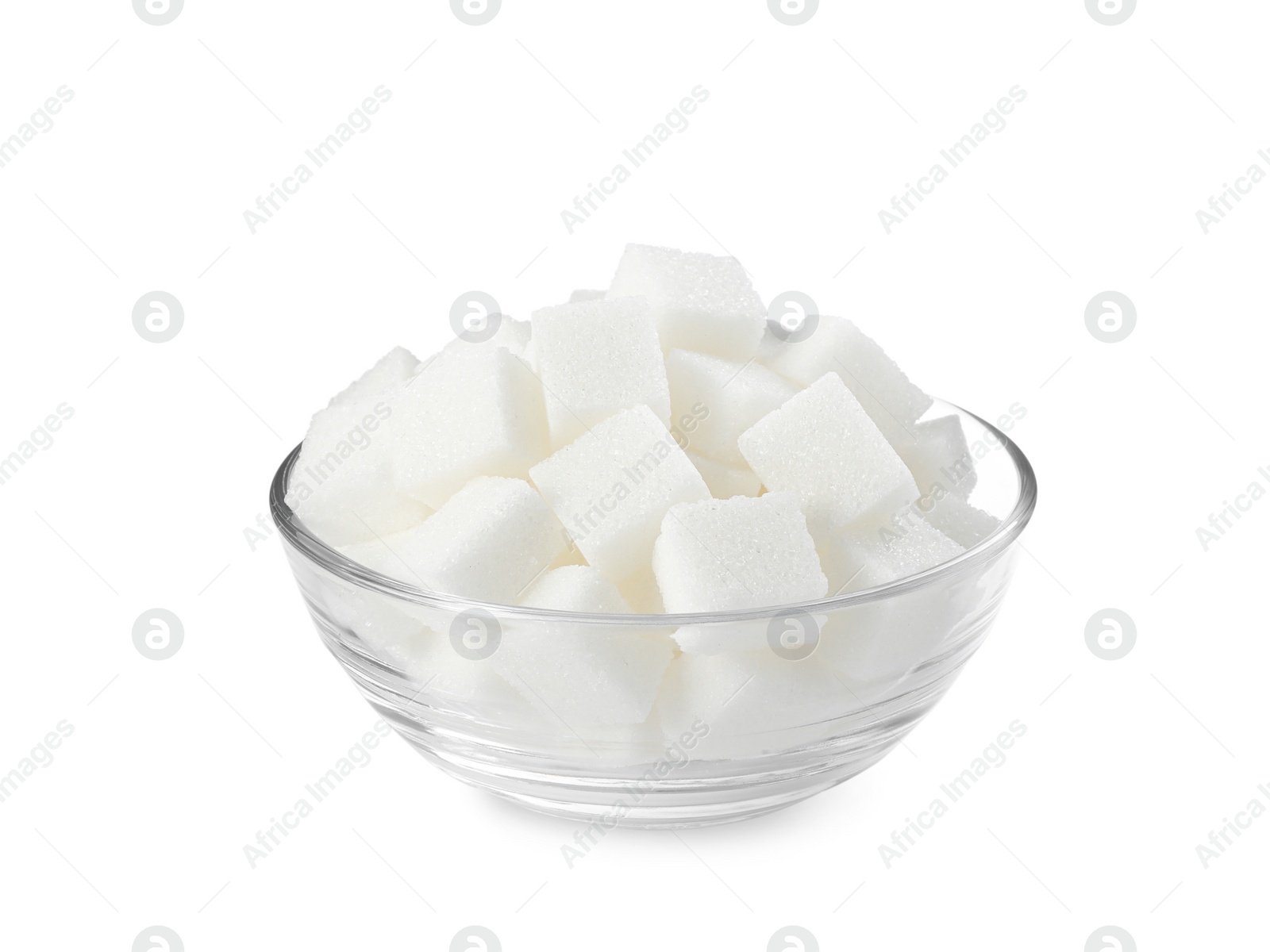 Photo of Bowl of sugar cubes isolated on white