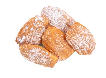 Delicious madeleine cakes with powdered sugar on white background, top view