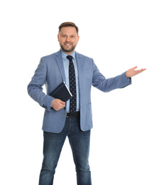 Real estate agent with notebook on white background