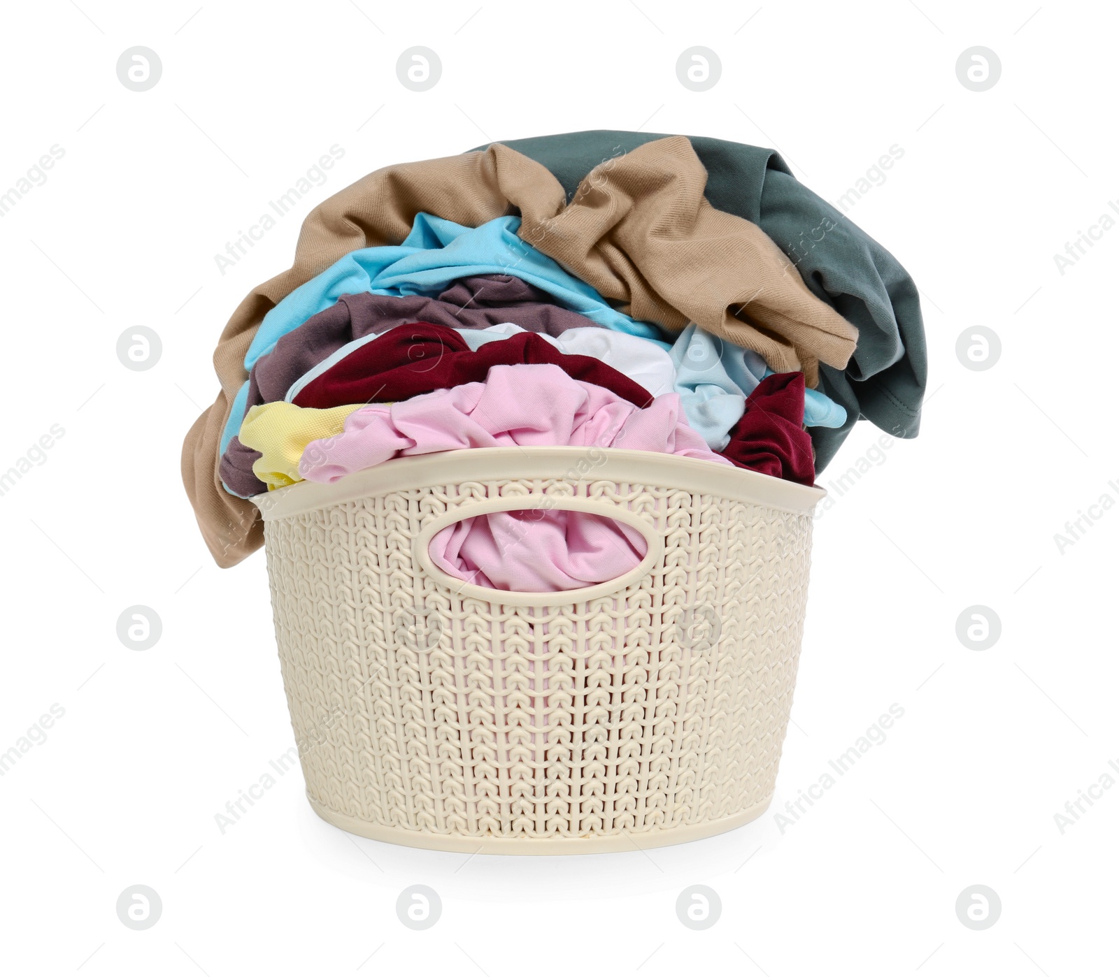 Photo of Laundry basket with clean colorful clothes isolated on white