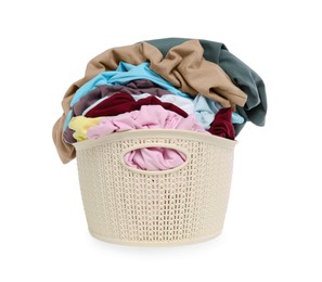 Laundry basket with clean colorful clothes isolated on white