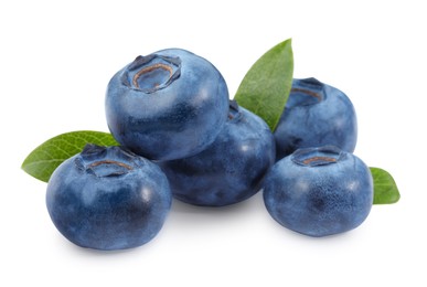 Many fresh ripe blueberries and leaves isolated on white