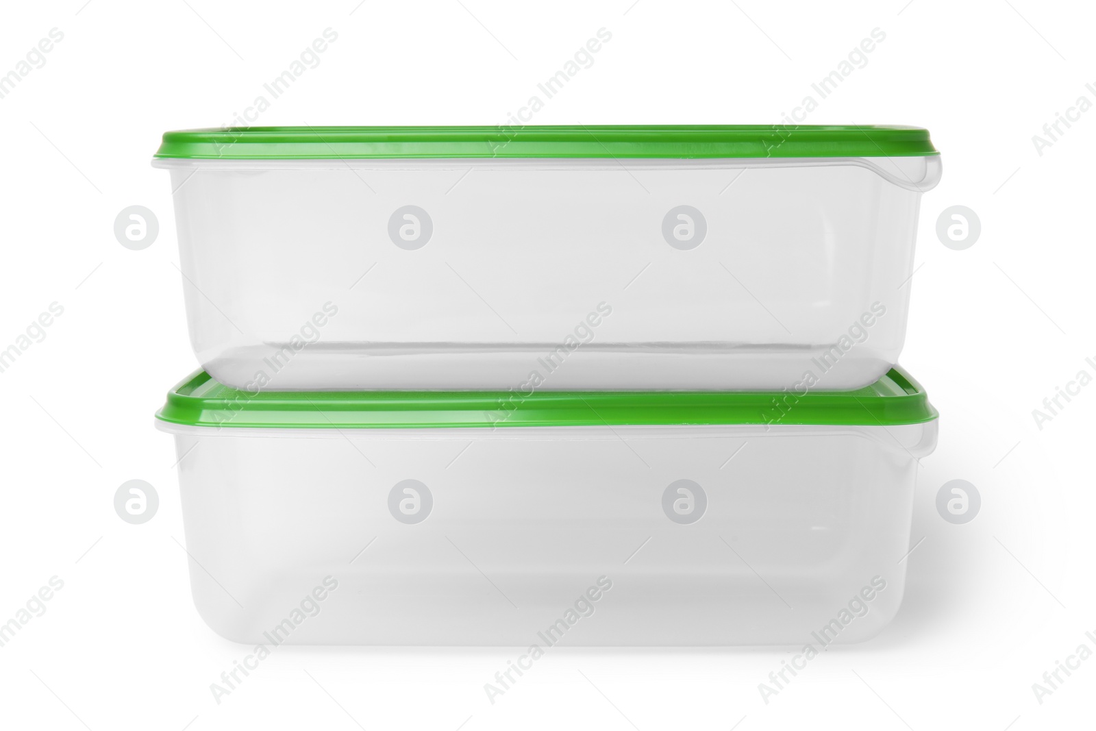 Photo of Empty plastic containers on white background. Food storage