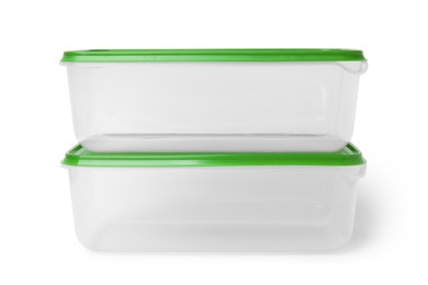 Empty plastic containers on white background. Food storage