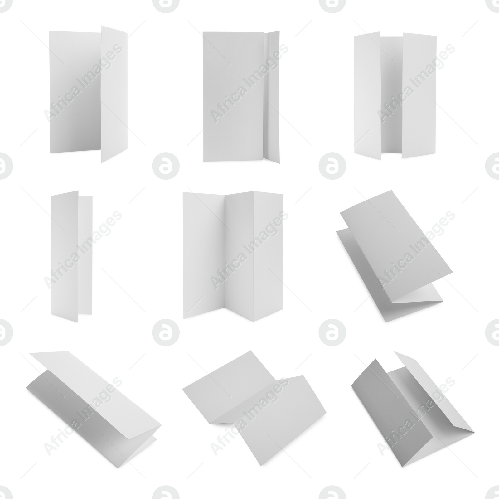 Image of Set with blank paper brochures on white background. Mockup for design