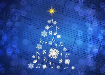 Image of Christmas tree made of music notes and snowflakes against sheet with musical symbols. Bokeh effect