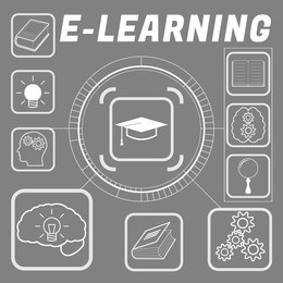 Image of E-learning. Scheme with icons on grey background