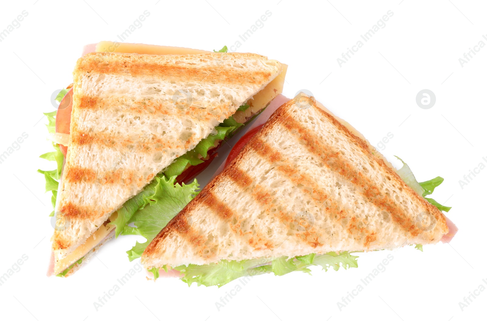 Photo of Tasty sandwich with ham on white background, top view