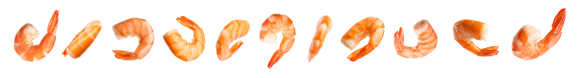 Image of Set of delicious freshly cooked shrimps on white background. Banner design 