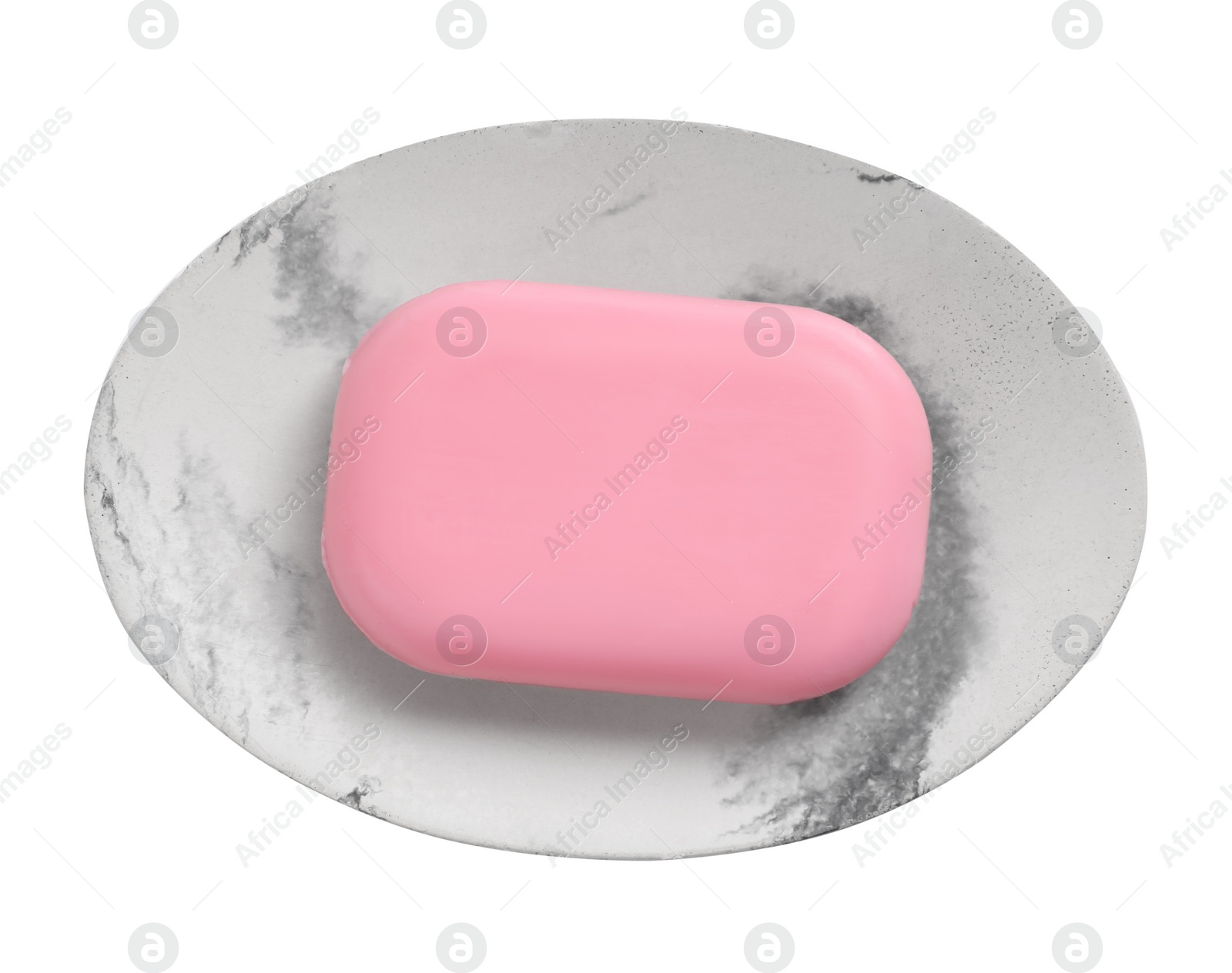 Photo of Holder with soap bar on white background, top view