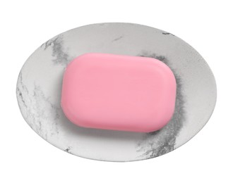 Holder with soap bar on white background, top view