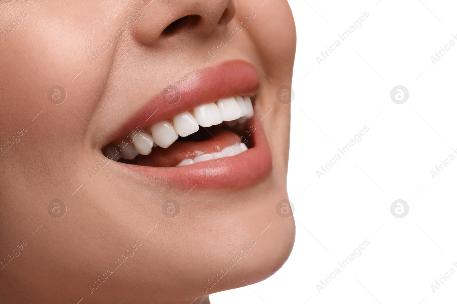 Photo of Woman with clean teeth smiling on white background, closeup