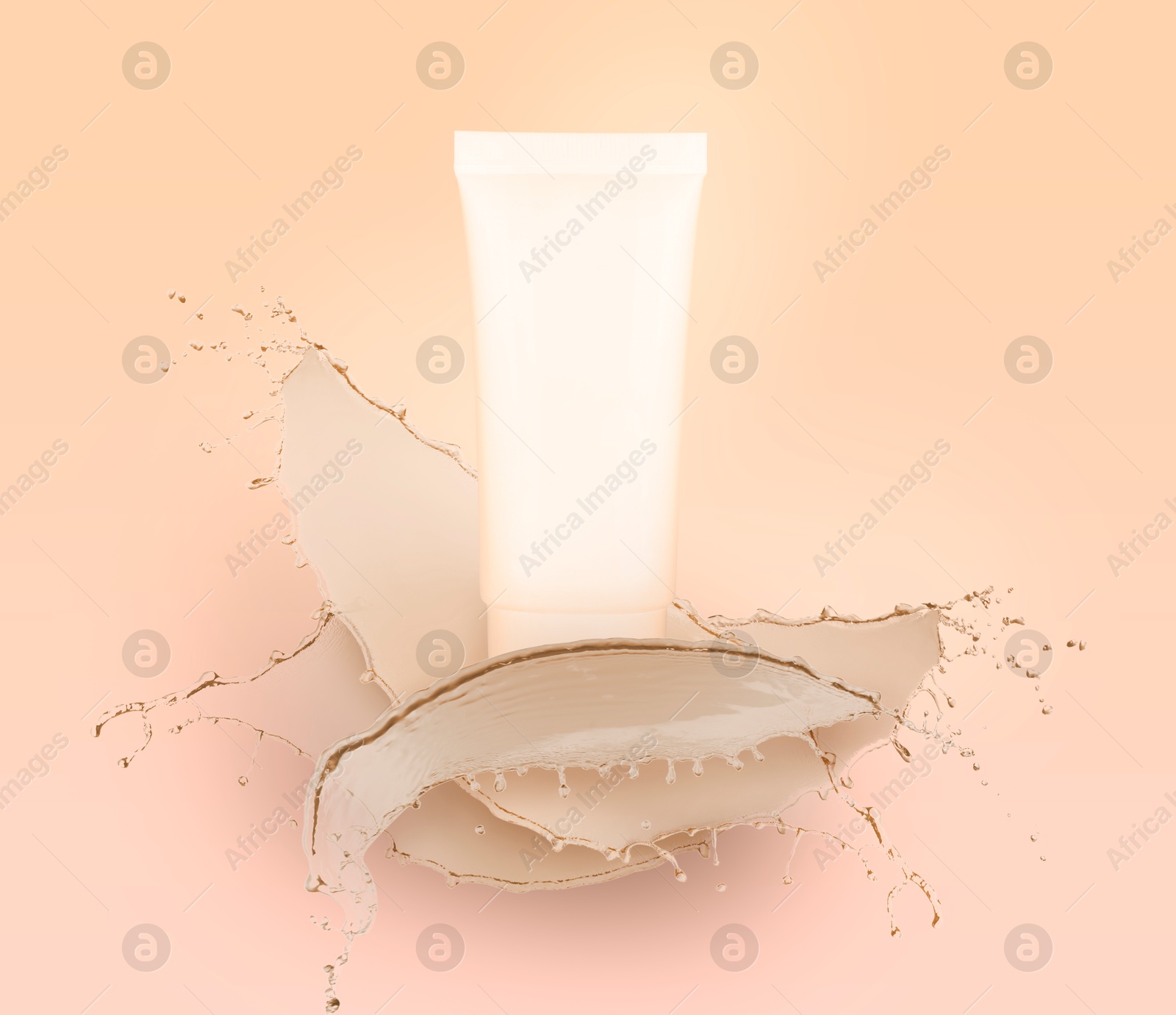 Image of Splashes of cosmetic product and tube with space for design on beige background