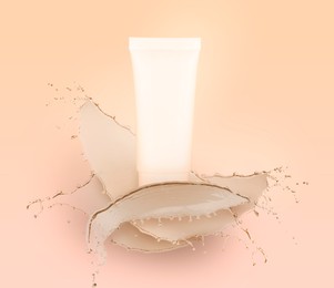 Image of Splashes of cosmetic product and tube with space for design on beige background