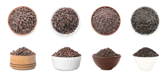 Image of Set of bowls with black salt isolated on white, top and side view. Banner design 