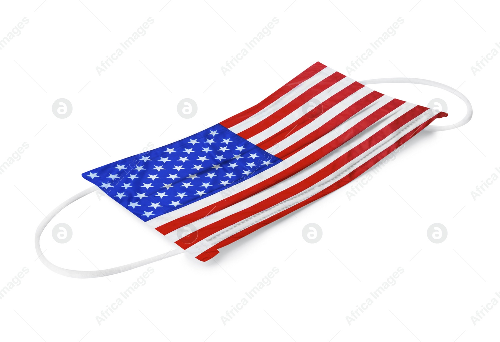 Image of Medical protective mask with USA flag pattern on white background. Dangerous virus