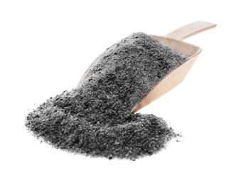 Pile of ground black salt and scoop on white background