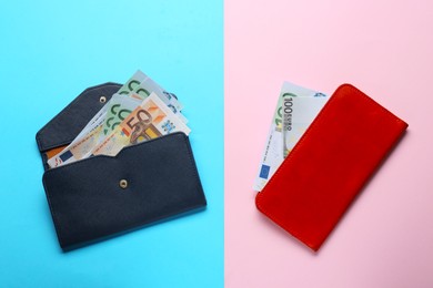 Photo of Gender pay gap. Wallets with banknotes on color background, flat lay