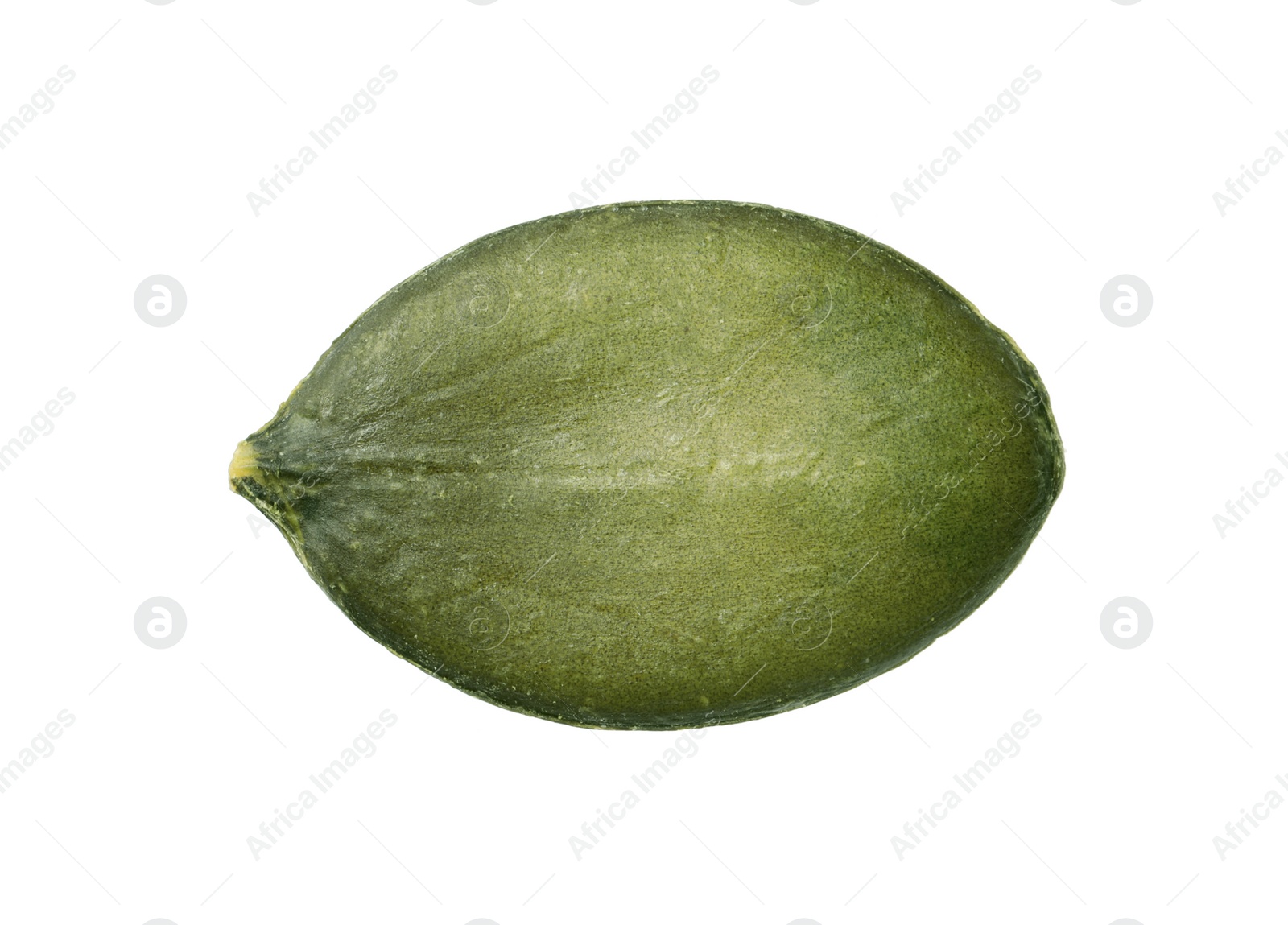 Photo of One peeled pumpkin seed isolated on white, top view