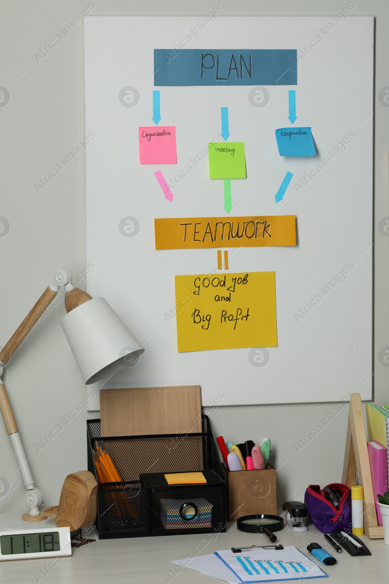 Photo of Business process planning and optimization. Workplace with lamp, colorful paper notes and other stationery on table