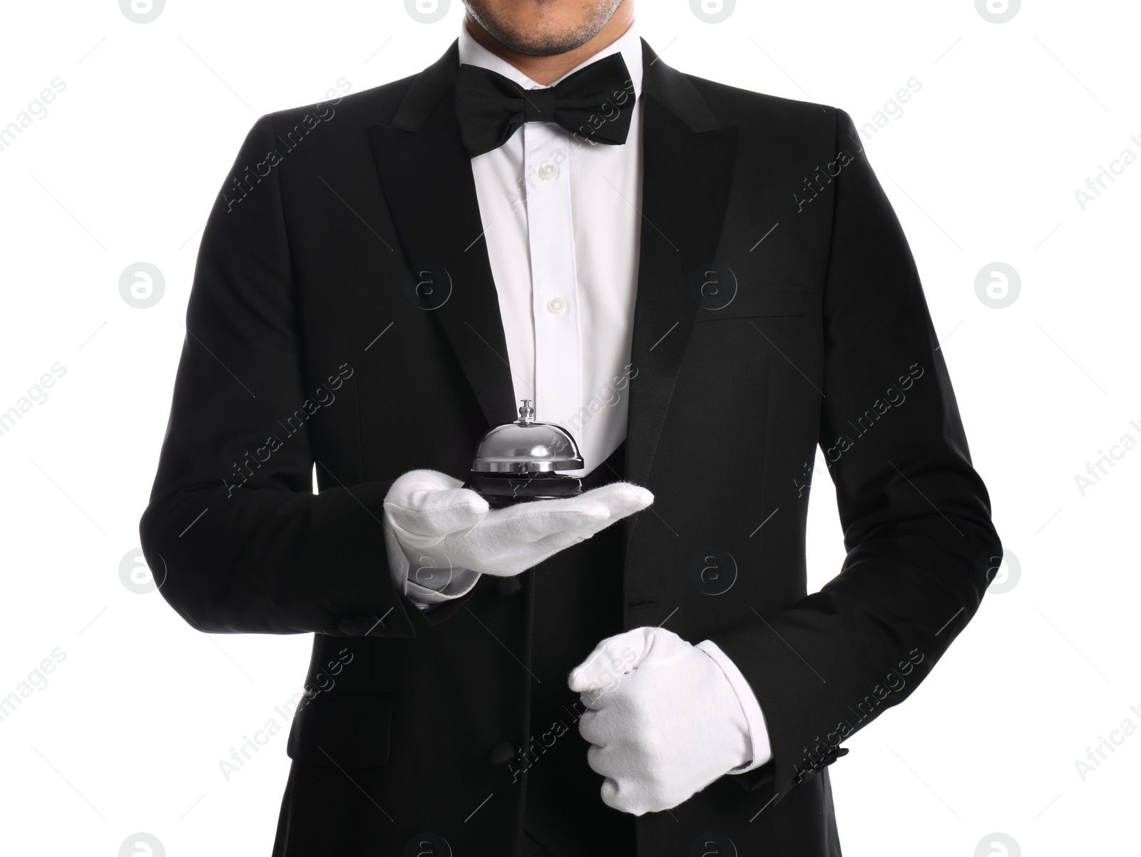 Photo of Butler holding service bell on white background, closeup