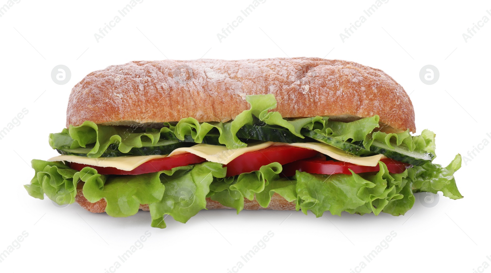 Photo of Delicious sandwich with fresh vegetables and cheese isolated on white