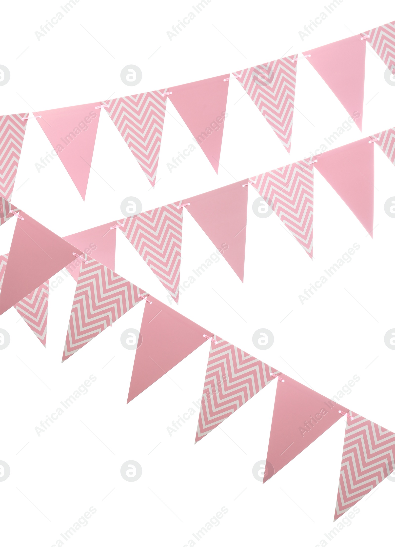 Photo of Rows of triangular bunting flags on white background. Festive decor