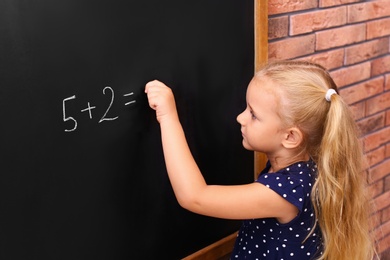 Cute little left-handed girl doing sums on chalkboard near brick wall
