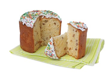 Traditional Easter cake with sprinkles on white background