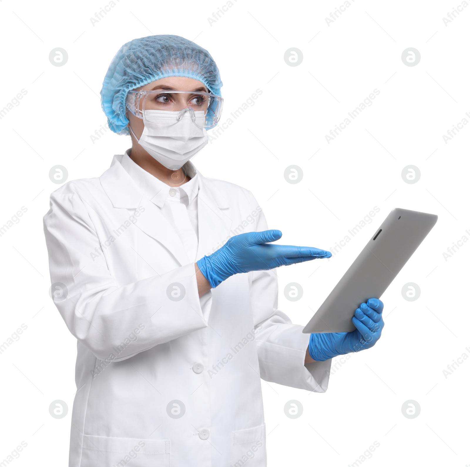 Photo of Quality control. Food inspector with tablet on white background