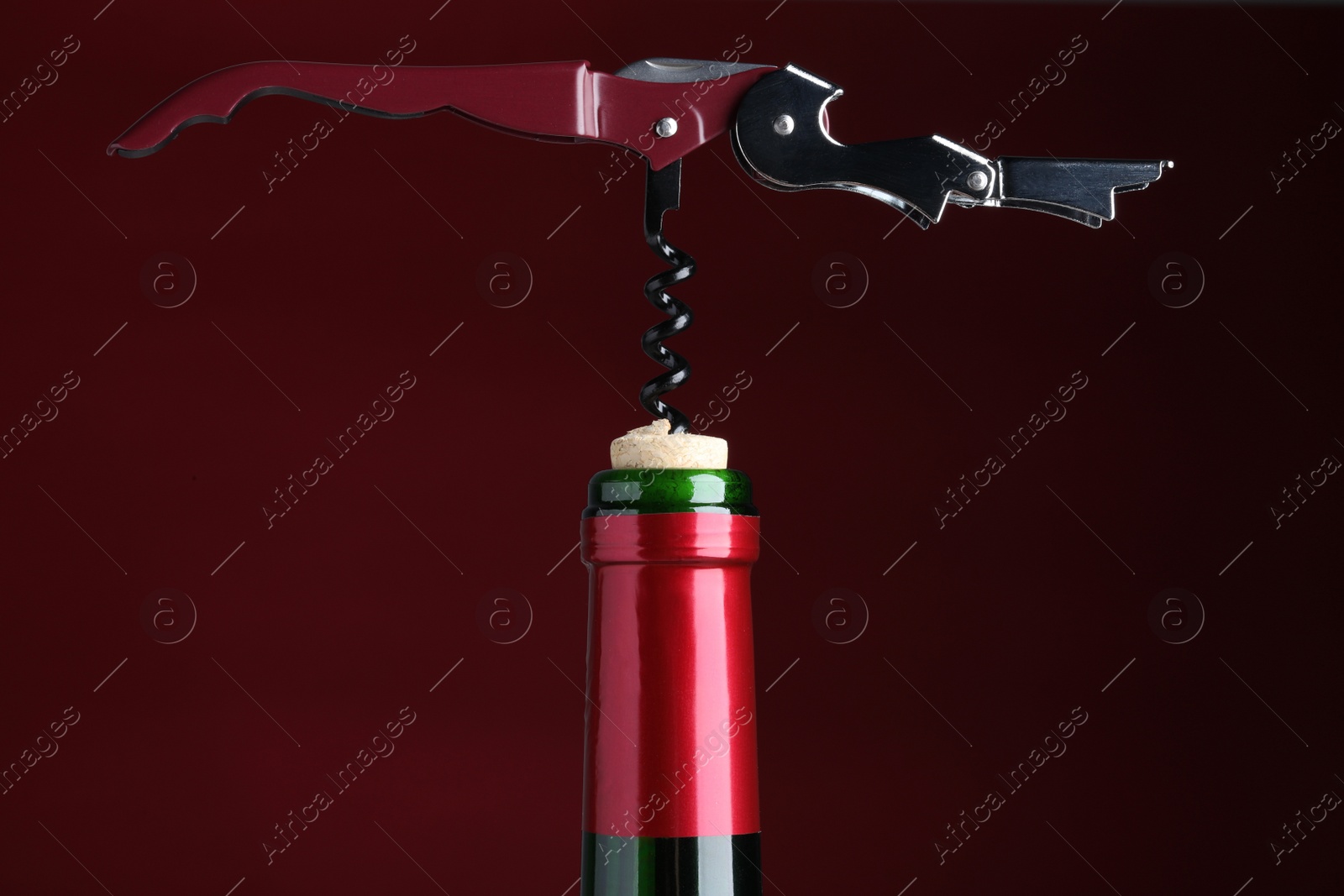 Photo of Opening bottle of wine with corkscrew on burgundy background