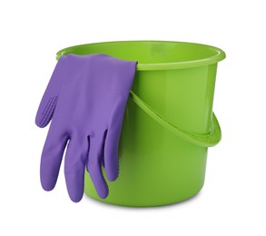 Photo of Green bucket with gloves for cleaning isolated on white
