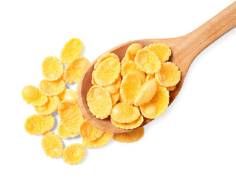 Wooden spoon of tasty corn flakes on white background, top view