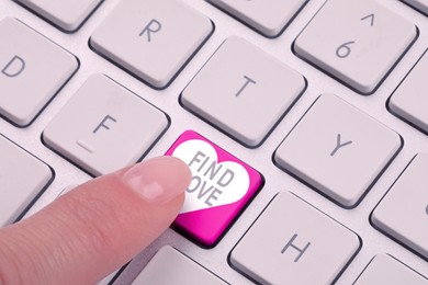 Image of Woman pressing button with words Find Love on computer keyboard, closeup