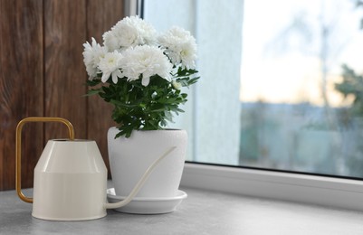 Photo of Beautiful chrysanthemum flowers in pot and watering can on windowsill indoors. Space for text
