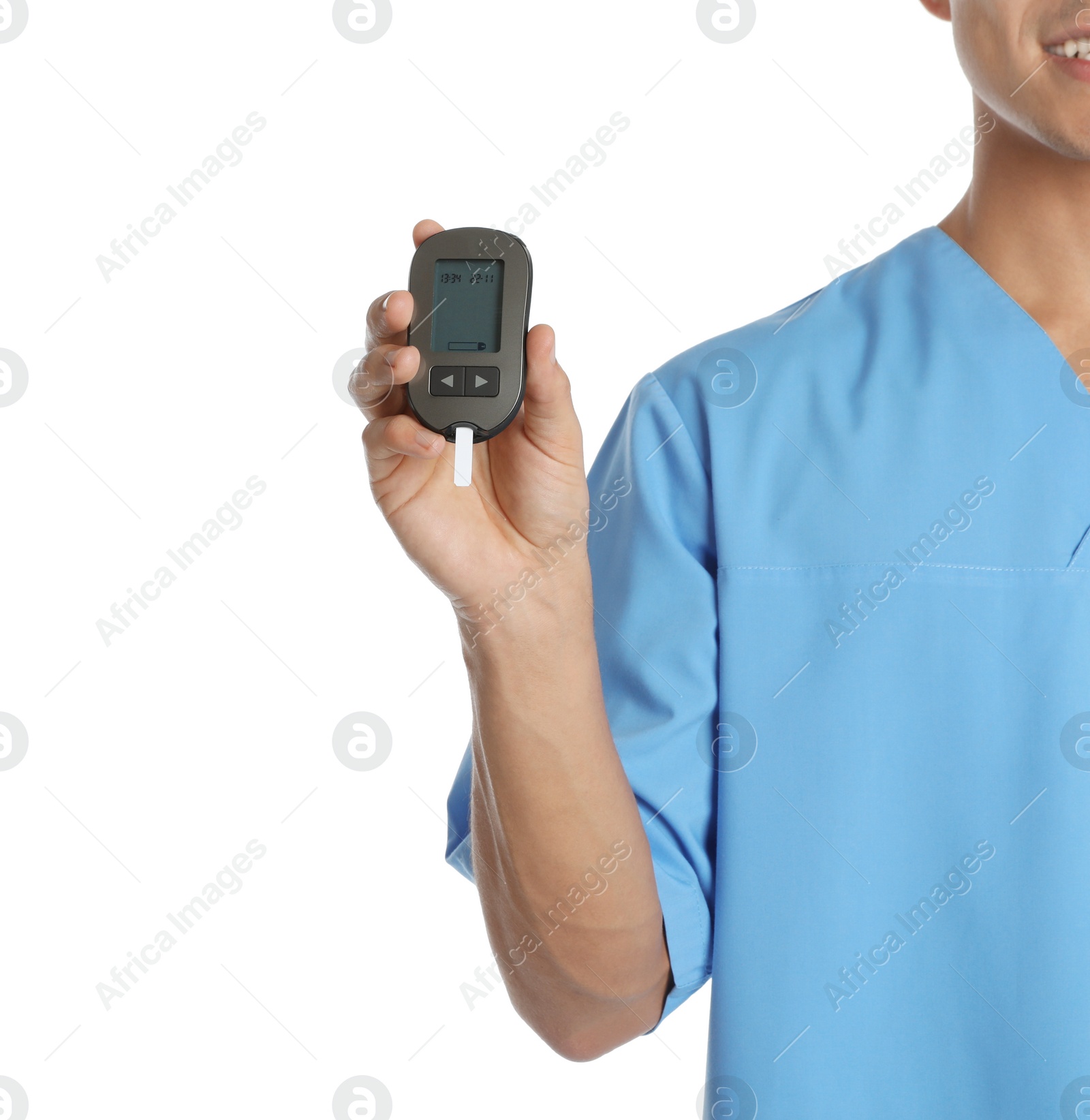 Photo of Male doctor holding glucose meter on white background, closeup. Medical object