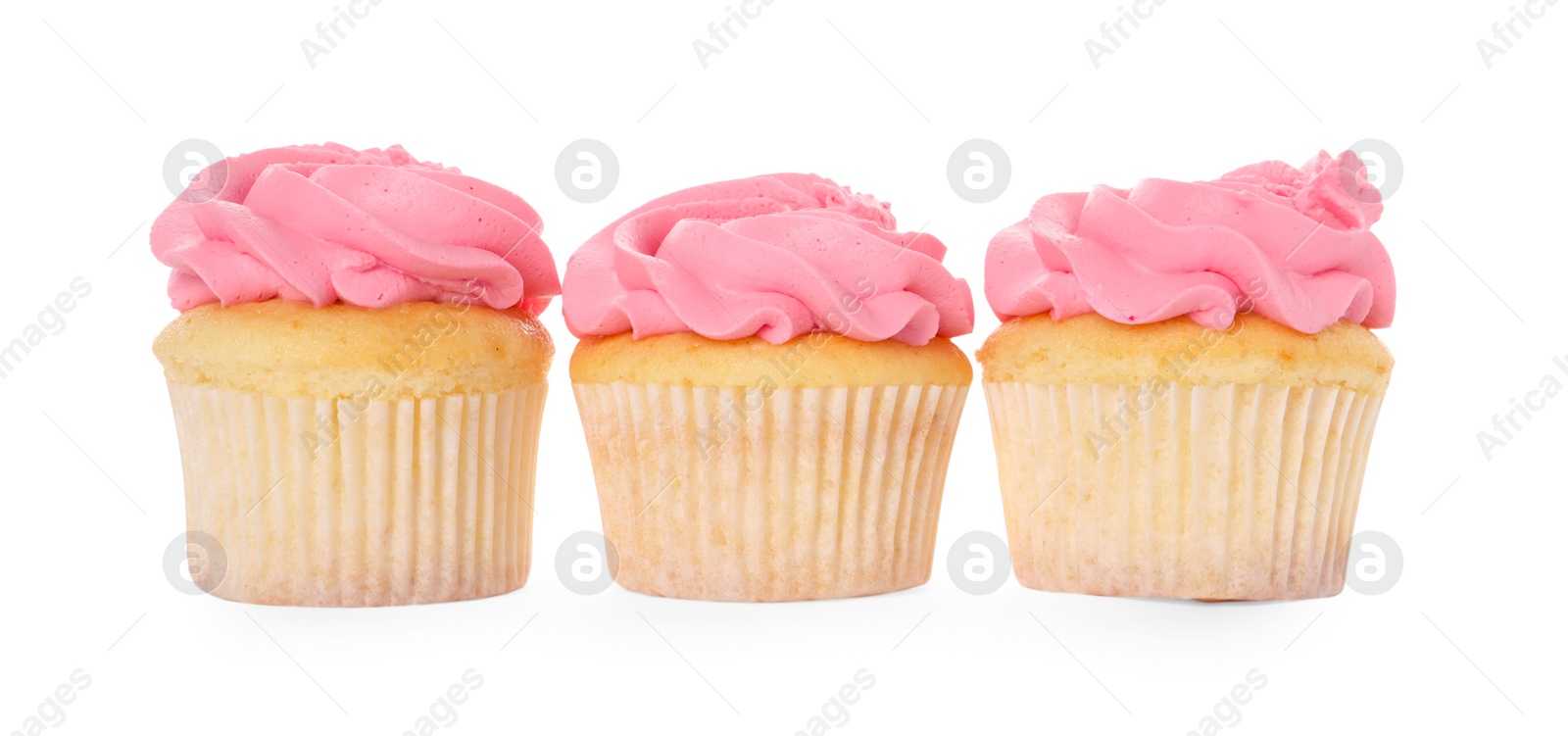 Photo of Delicious cupcakes with bright cream isolated on white