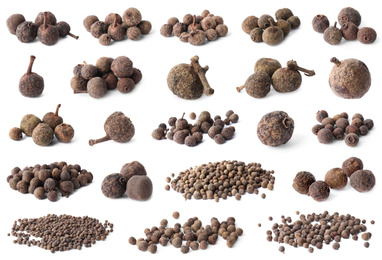 Image of Set of different peppercorns on white background