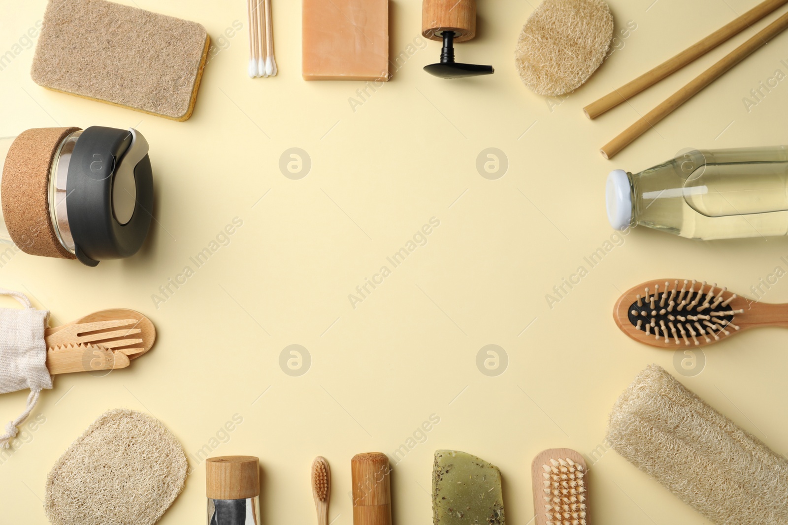 Photo of Frame of eco friendly products on beige background, flat lay with space for text. Conscious consumption